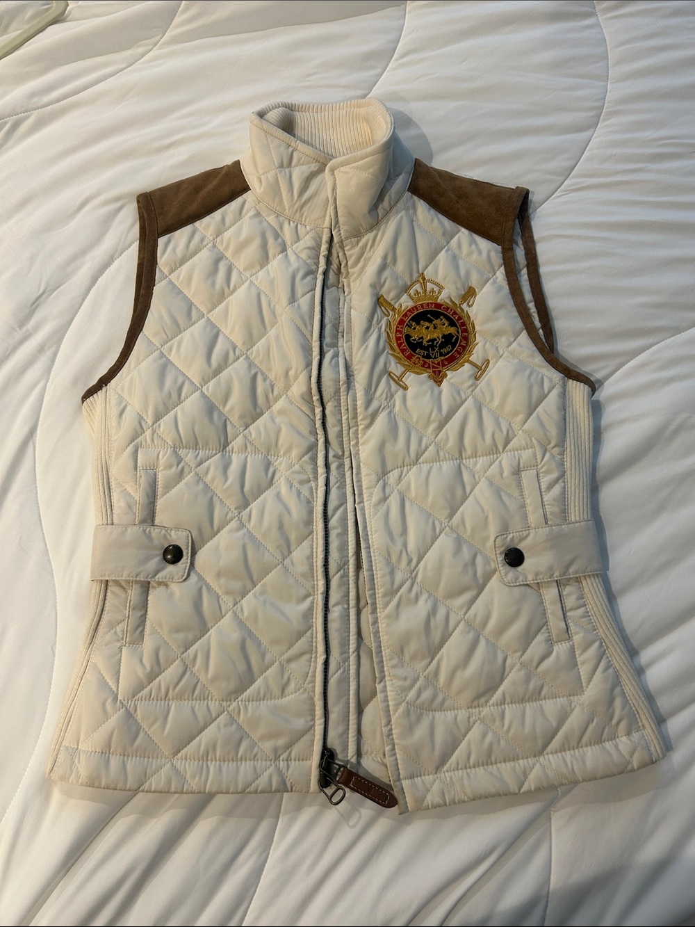 Ralph Lauren Cream Quilted Sleeveless Vest with Brown Shoulder Accents